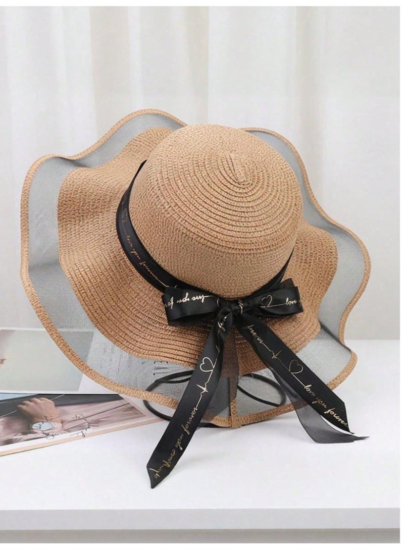 SHEIN Polyester Wide Brim Sun Hat For Women, Casual Beach Straw Hat With Bowknot & Letter Decor - Image 5